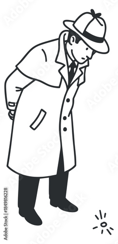 A detective character in a trench coat and hat, depicted in black and white outline vector style, ideal for mystery themes or investigative content
