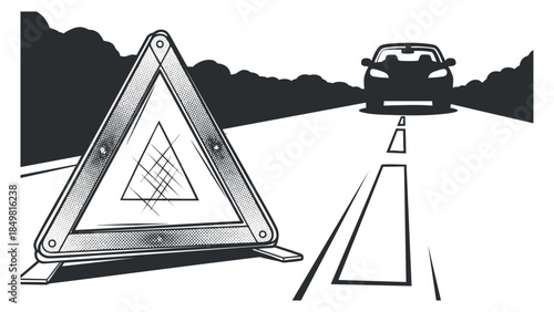A warning triangle road sign with a car in black and white flat vector style, suitable for safety awareness and transportation design