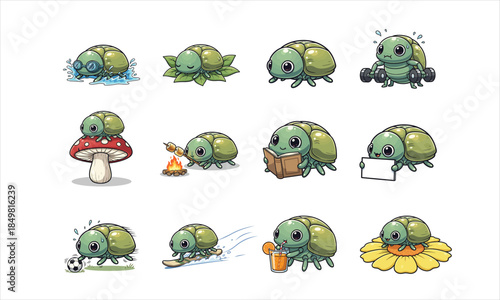 Cute Leaf Beetle Character Set in Different Activities, Cartoon Insect Mascot Vector Illustration