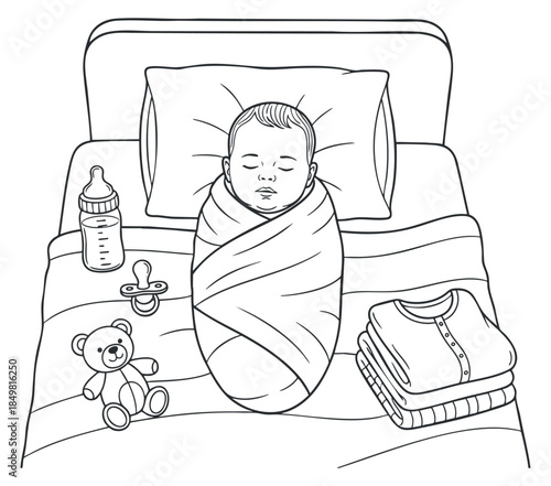 A sleeping baby wrapped in a swaddle on a bed, surrounded by a bottle, pacifier, teddy bear, and folded clothes in minimalist line art style, ideal for nursery illustrations