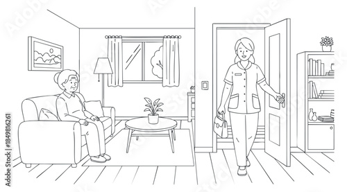 A caregiver visiting an elderly person in a cozy living room in minimalist outline vector style, ideal for healthcare and homecare themes