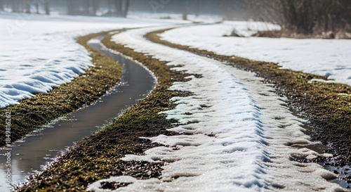 Wallpaper Mural A winding slushy path with melting snow and puddles, revealing brown grass, capturing the essence of a spring thawing season concept Torontodigital.ca