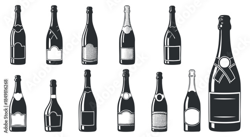 A set of various champagne and wine bottle silhouettes in black and white minimalist vector style, perfect for celebration branding
