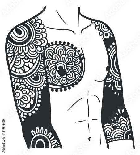 A detailed mandala tattoo design covering the arm and chest in black and white artistic vector style, ideal for tattoo inspiration