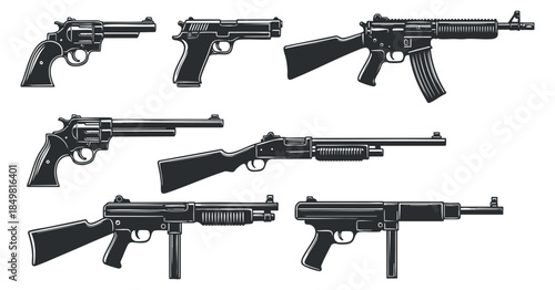 A collection of various firearms including revolvers, pistols, and rifles in black and white vector style, suitable for military and tactical design projects