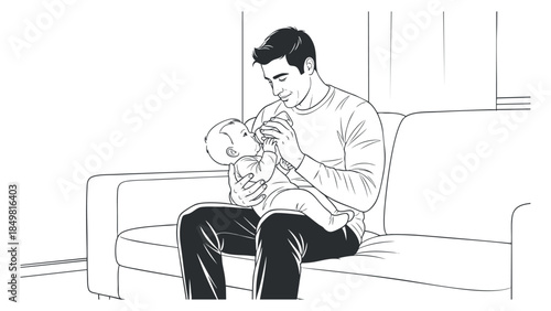 A father holding and interacting with his baby in a minimalist outline vector style, perfect for family-oriented projects and parenting themes