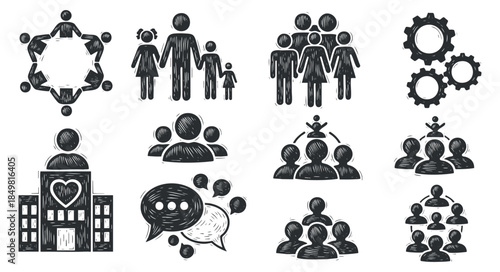 A set of diverse community and teamwork icons in a hand-drawn sketch style, ideal for illustrating collaboration and social interaction concepts
