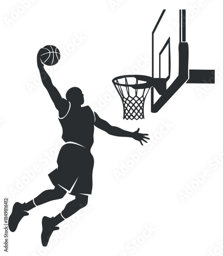 A silhouette of a basketball player performing a dunk in a modern black and white vector style, ideal for sports branding and promotional materials