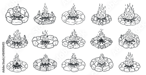 A collection of campfire illustrations featuring different fire pits and flames in black and white vector style, ideal for outdoor and camping themes