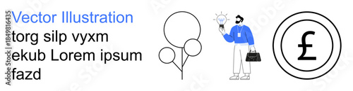 Business growth, financial innovation, creative ideas, economics, entrepreneurship, minimalism. A figure holding a lightbulb, balloons and a pound sign. Business growth and financial innovation