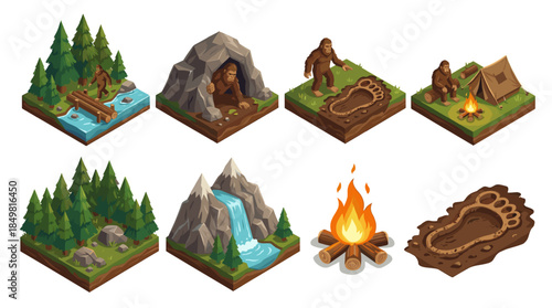 Isometric Sasquatch vector illustration set featuring Bigfoot in forest camping near tent cave river and mud footprint for game asset or map design elements