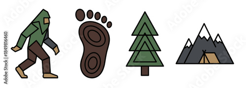 Geometric Low Poly Sasquatch Vector Illustration with Camping Tent and Mountain Landscape