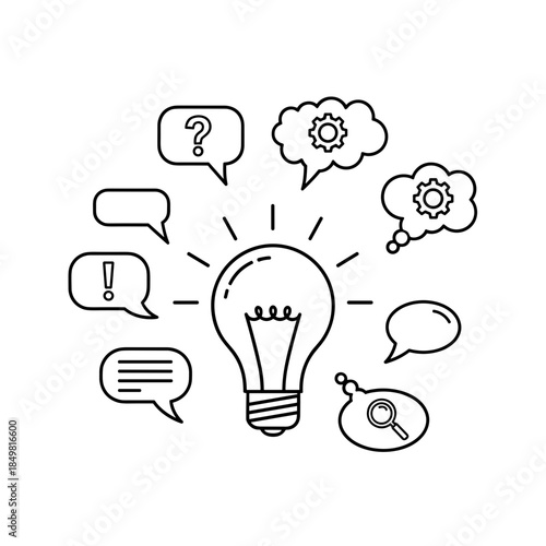 Light bulb with speech bubbles and gears representing brainstorming concept  