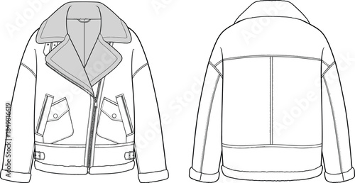 Men shearling jacket CAD drawing flat vector illustration, front back technical fashion design outline, winter outerwear apparel template