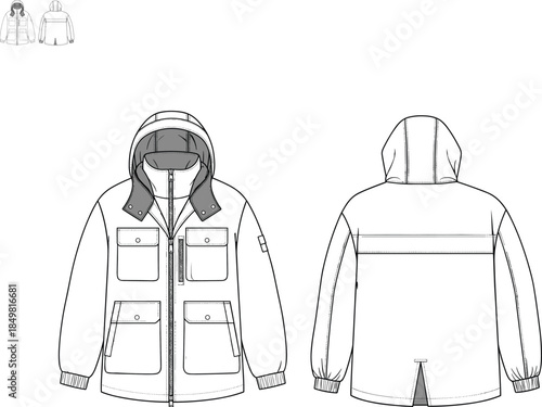 Men hooded jacket front and back technical fashion flat sketch, outerwear garment specification CAD drawing vector illustration