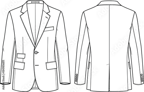 Men’s blazer technical sketch, front and back view, flat vector, cad drawing, fashion design, garment construction, tailoring template, apparel illustration