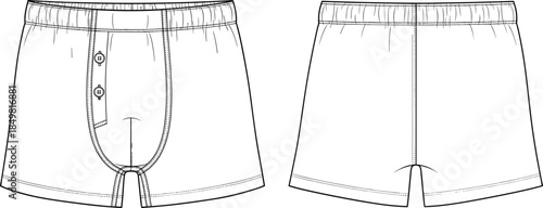 Men’s classic woven boxer shorts technical fashion flat sketch template, undergarment underwear apparel collection garment mockup, front and back view vector illustration