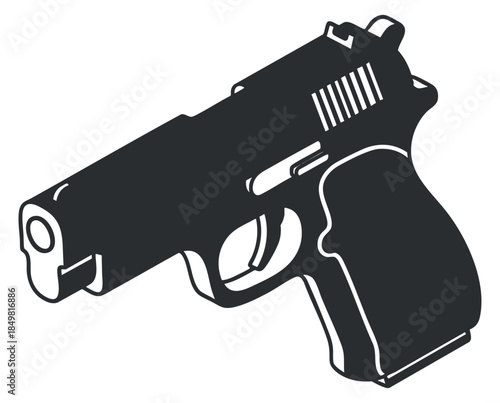 A side view illustration of a handgun in black and white vector style, suitable for security and law enforcement graphics