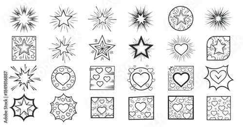 A collection of star and heart icons in black outline vector style, perfect for creative projects and graphic design