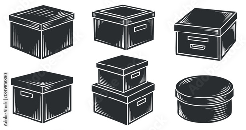 A collection of hand-drawn storage boxes and containers in black and white vector style, suitable for packaging design and organizational concepts