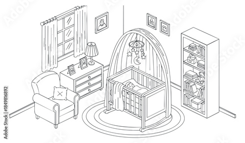 An isometric illustration of a cozy nursery featuring a crib, a comfortable chair, and decorative elements in a minimalist style, ideal for parenting or interior design projects