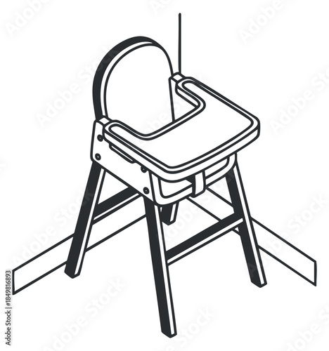 A highchair for babies with a safety harness in a minimalist black outline vector style, perfect for childcare and home decor