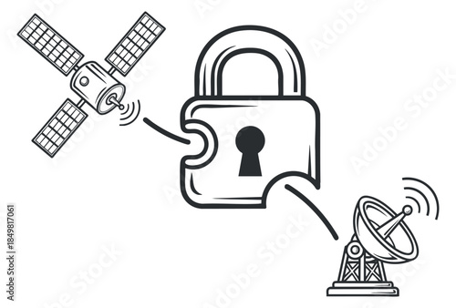 A satellite and antenna with a padlock symbol in minimalist outline vector style, ideal for technology and security concepts