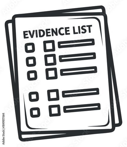An evidence list document with checkboxes in black and white outline vector style, suitable for legal and organizational projects