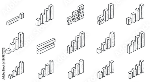 A collection of 3D bar graphs in outline minimalist vector style, suitable for data visualization and business presentations