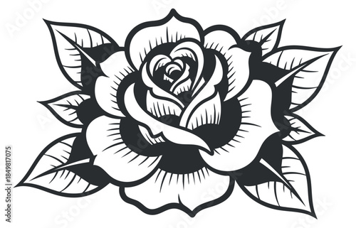 A stylized rose flower with leaves and thorns in black and white outline vector style, ideal for tattoo designs and decorative art