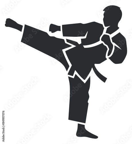 A karate practitioner executing a high kick in a bold black silhouette vector style, ideal for sports and fitness branding
