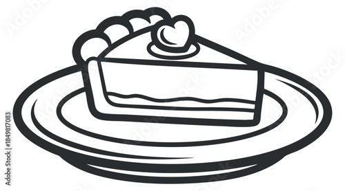 A slice of pie with whipped cream on a plate in black and white outline vector style, ideal for dessert menus and bakery branding