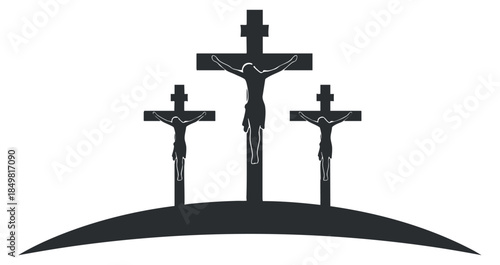 A silhouette of three crosses on a hill in black and white minimalist vector style, ideal for religious and spiritual themes