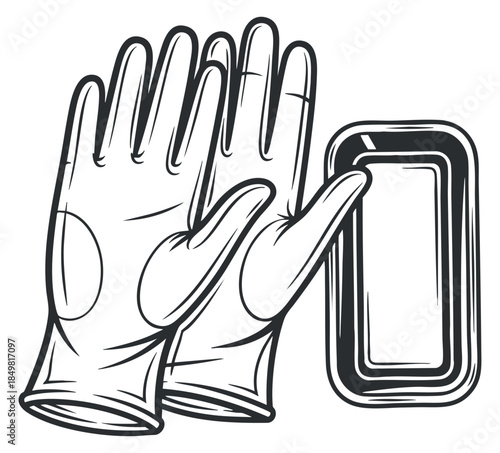 A pair of protective gloves next to a rectangular tray in black and white outline vector style, suitable for cleaning or safety applications