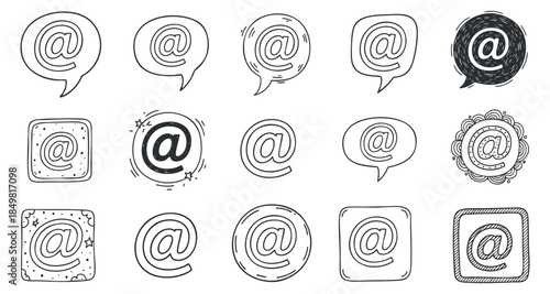 A collection of various at symbols and speech bubbles in black and white outline vector style, ideal for digital communication design