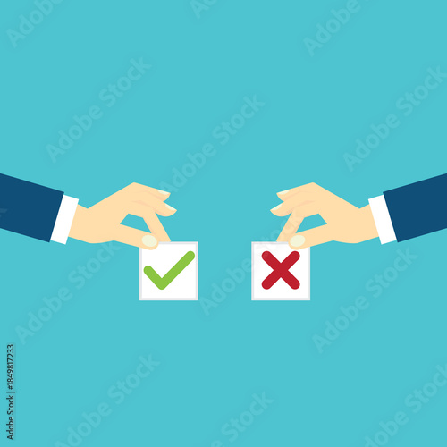 Comparing positive advantages or negative disadvantages. Human hands holding yes and no papers as pros and cons advices. EPS10 flat style vector illustration.	