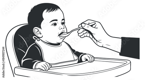 A hand feeding a baby with a spoon in a black and white vector illustration style, suitable for parenting and nutrition themes