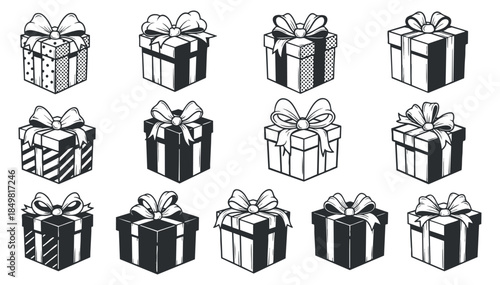 A collection of twelve black and white gift boxes with various ribbon designs in minimalist vector style, ideal for festive branding and holiday projects