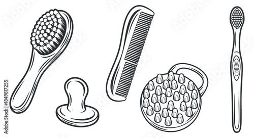 A collection of grooming tools including a hairbrush, comb, pacifier, and toothbrush in black and white outline vector style, ideal for health and beauty projects