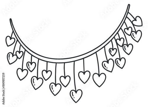 A decorative string of hanging hearts in outline vector style, ideal for romantic designs and celebrations
