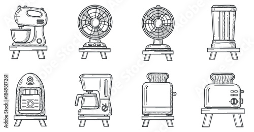 A collection of kitchen appliances including a mixer, fan, blender, and toaster in black and white outline vector style, ideal for home design projects