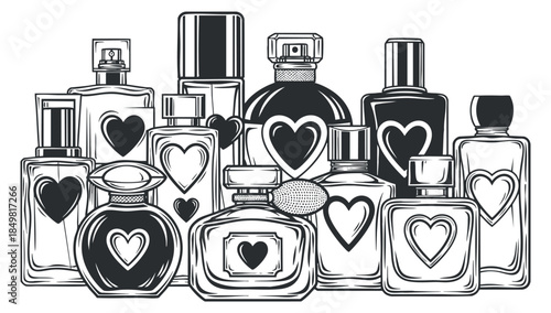 A collection of heart-shaped perfume bottles in black and white outline vector style, perfect for beauty and fashion branding