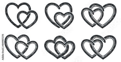 A collection of intertwined heart shapes in black and white outline vector style, perfect for romantic designs and decorations