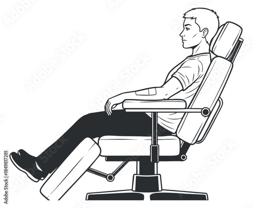A man sitting in a modern ergonomic office chair in black and white outline vector style, ideal for interior design and furniture concepts