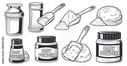 A collection of baby powder containers and scoops in black and white outline vector style, suitable for baby care product branding