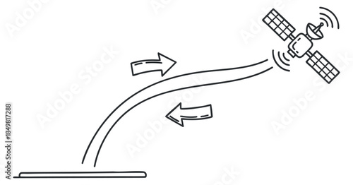 A satellite sending signals with arrows indicating direction in a clean black and white vector style, suitable for technology and communication projects