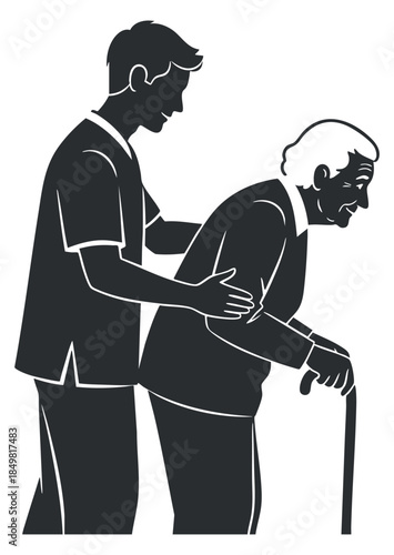 A caregiver assisting an elderly person with a cane in a black and white vector style, ideal for health and wellness projects