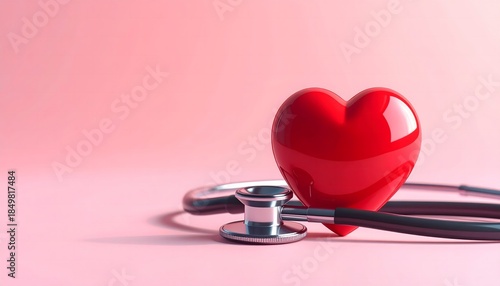 Red heart model wrapped by stethoscope on soft pastel background, symbol of healthcare, empathy, and medical care. Clean composition with copy space, ideal for National Doctor’s Day themes.