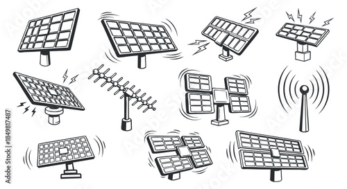 A collection of solar panel illustrations with various designs and configurations in black and white vector style, suitable for renewable energy projects