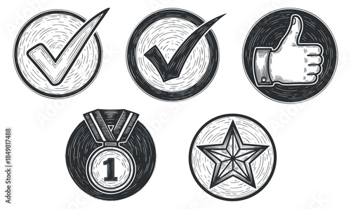 A collection of checkmarks, thumbs up, and award symbols in black and white outline vector style, ideal for achievement and recognition designs